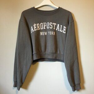 Soft Grey Preppy Aeropostale Cropped Fleecy Cotton Varsity Pullover Sweater